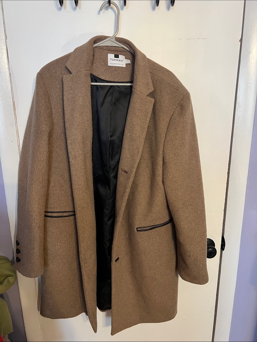 Topman Brown Wool-Blend Pea Coat with Black Lining